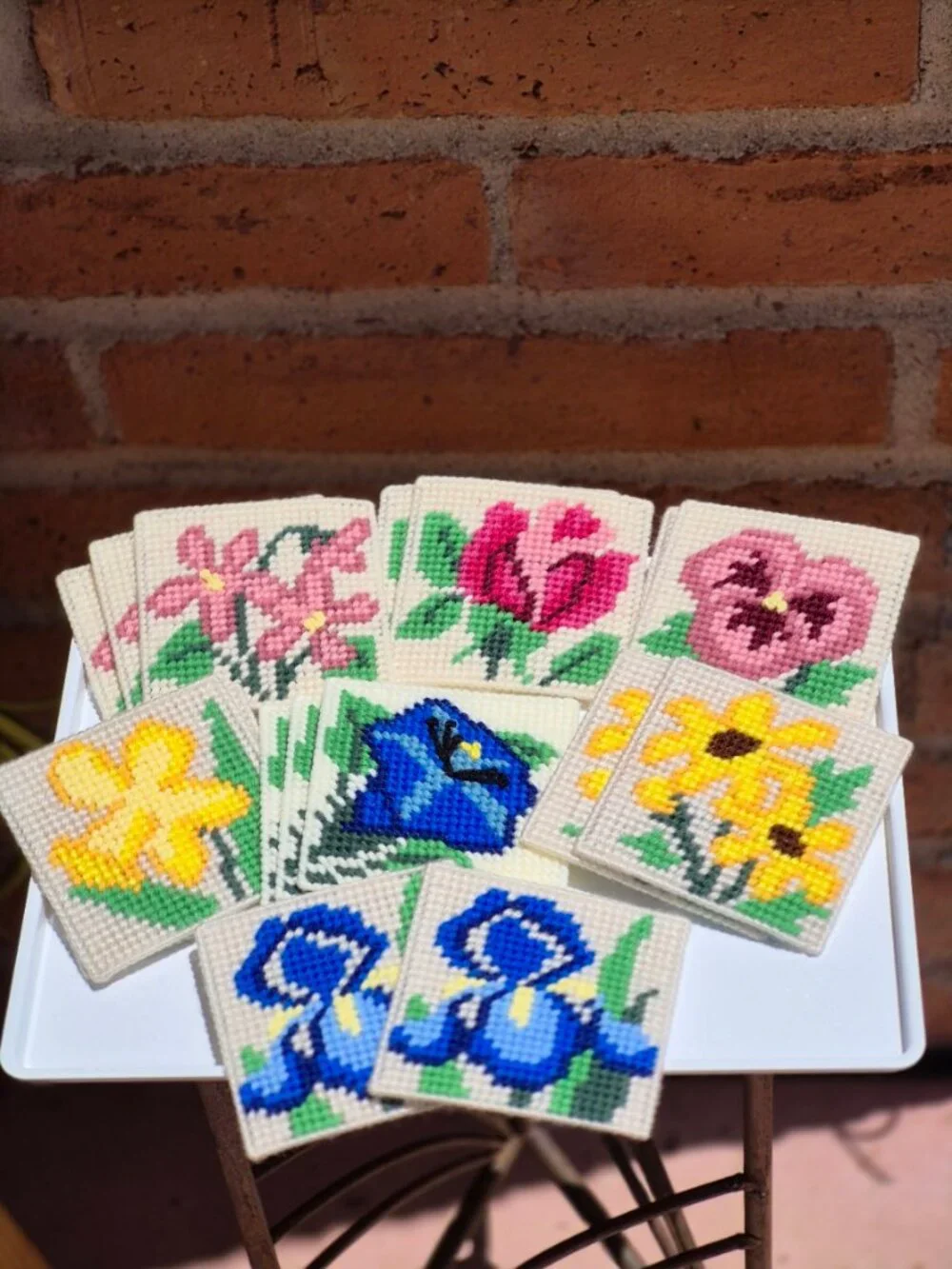 Handmade Floral Plastic Canvas Coasters Set of 16 in 7 Different Flower Patterns
